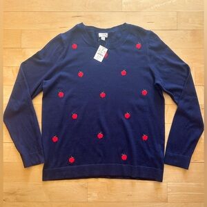 NWT J. Crew Navy Cotton Teddie Crewneck Sweater - Apple Embroidery - Size XL